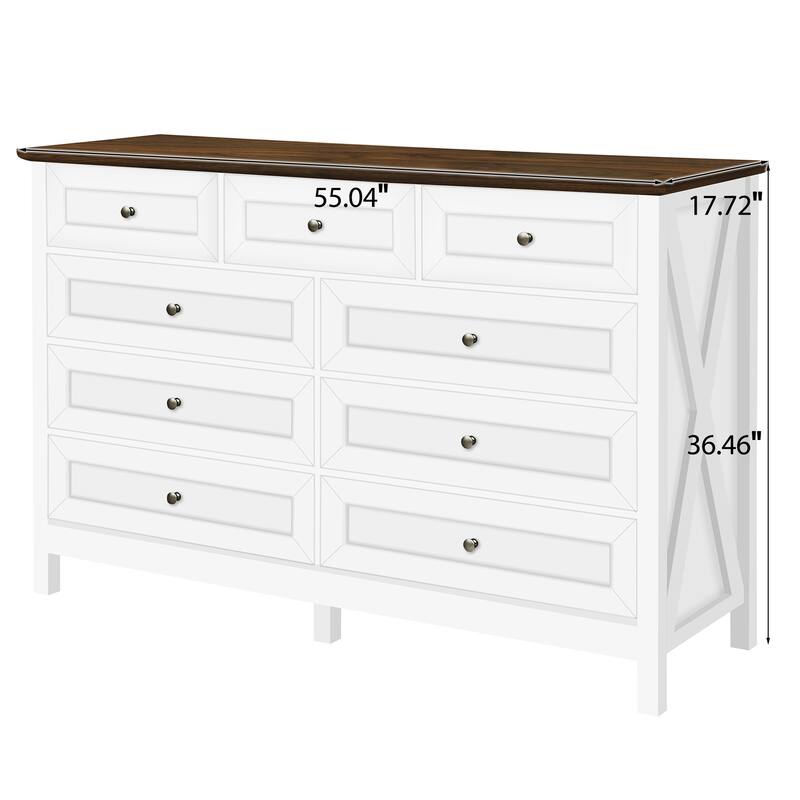 Rustic Wood 9-Drawer Dresser, Pine & MDF Chest with Silver Handles, Storage Organizer for Bedroom