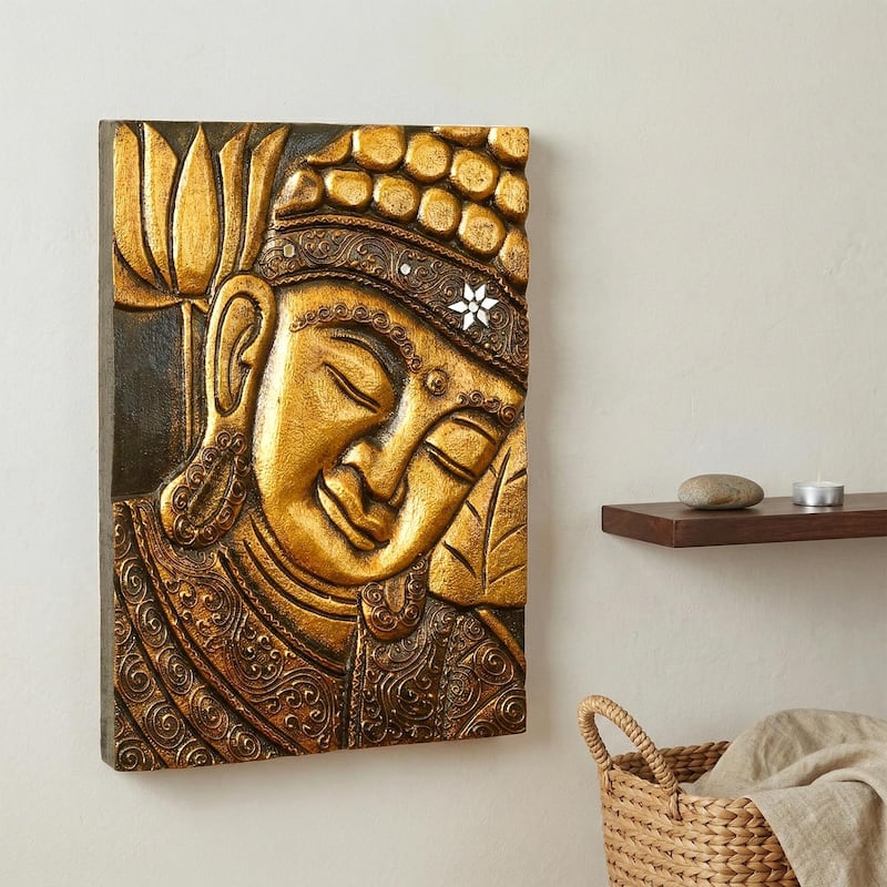 16" Silver Buddha Wall Panel - Hand Carved Decorative Wood Relief, Zen Spiritual Wall Art