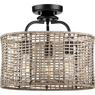 Lavelle Collection 3-Light Rattan Black Semi-Flush Mount Ceiling Light - 15.625 in x 15.625 in x 14.375 in