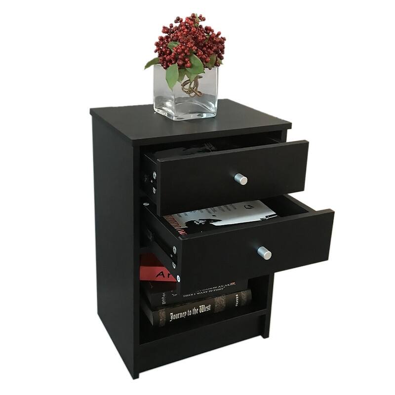 Round Handle Nightstand with Two Drawer Black