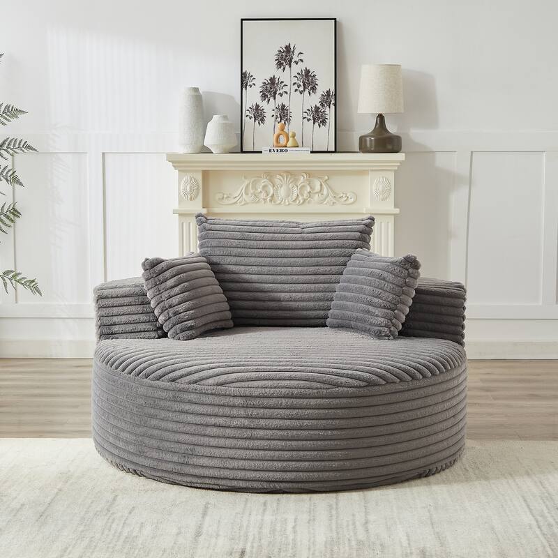 Oversized Round Chaise Lounge Corduroy Upholstered Single Sofa Chair with Cylindrical Neck Pillow and Integrated Backrest