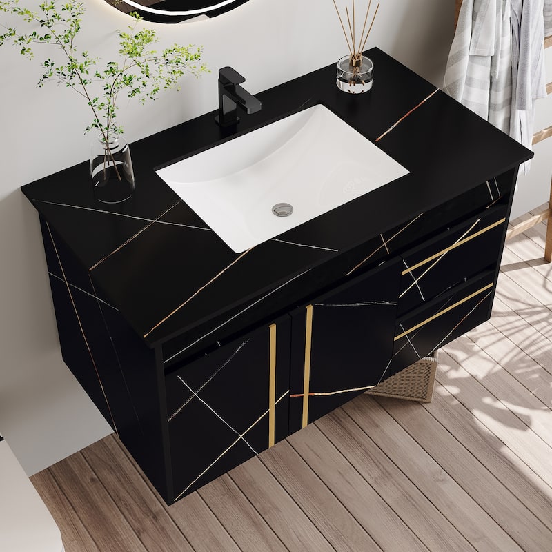 GDFStudio - Luxury 35.4" Floating Wall-Mounted Sintered Stone Bathroom Vanity with Ceramic Sink & Soft-Close Drawers - 35.5"