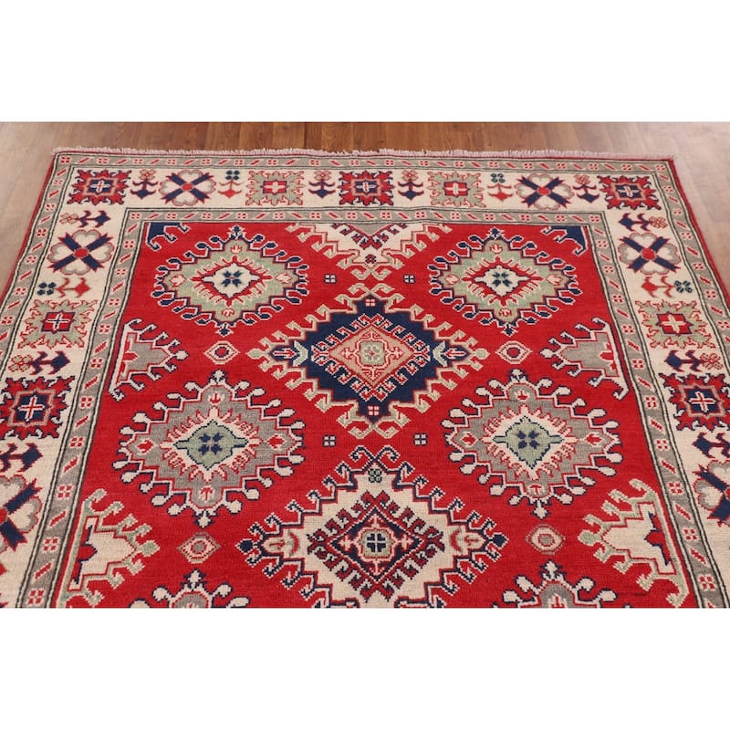 Traditional Red Kazak Rug Hand-Knotted Oriental Wool Carpet - 5'0" x 6'7"