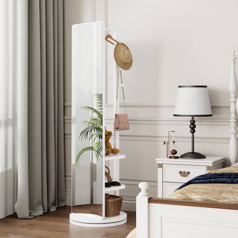 360° Rotating 66"x14" Multifunctional Full Length Mirror with Hook Storage Rack Coat Rack with Mirror Solid Wood Floor Mirror