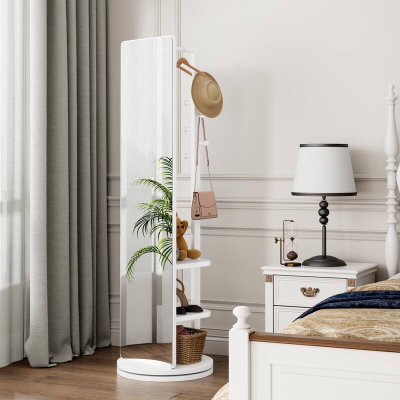 360° Rotating 69"x16" Multifunctional Full Length Mirror with Hook Storage Rack Coat Rack with Mirror Solid Wood Floor Mirror - White