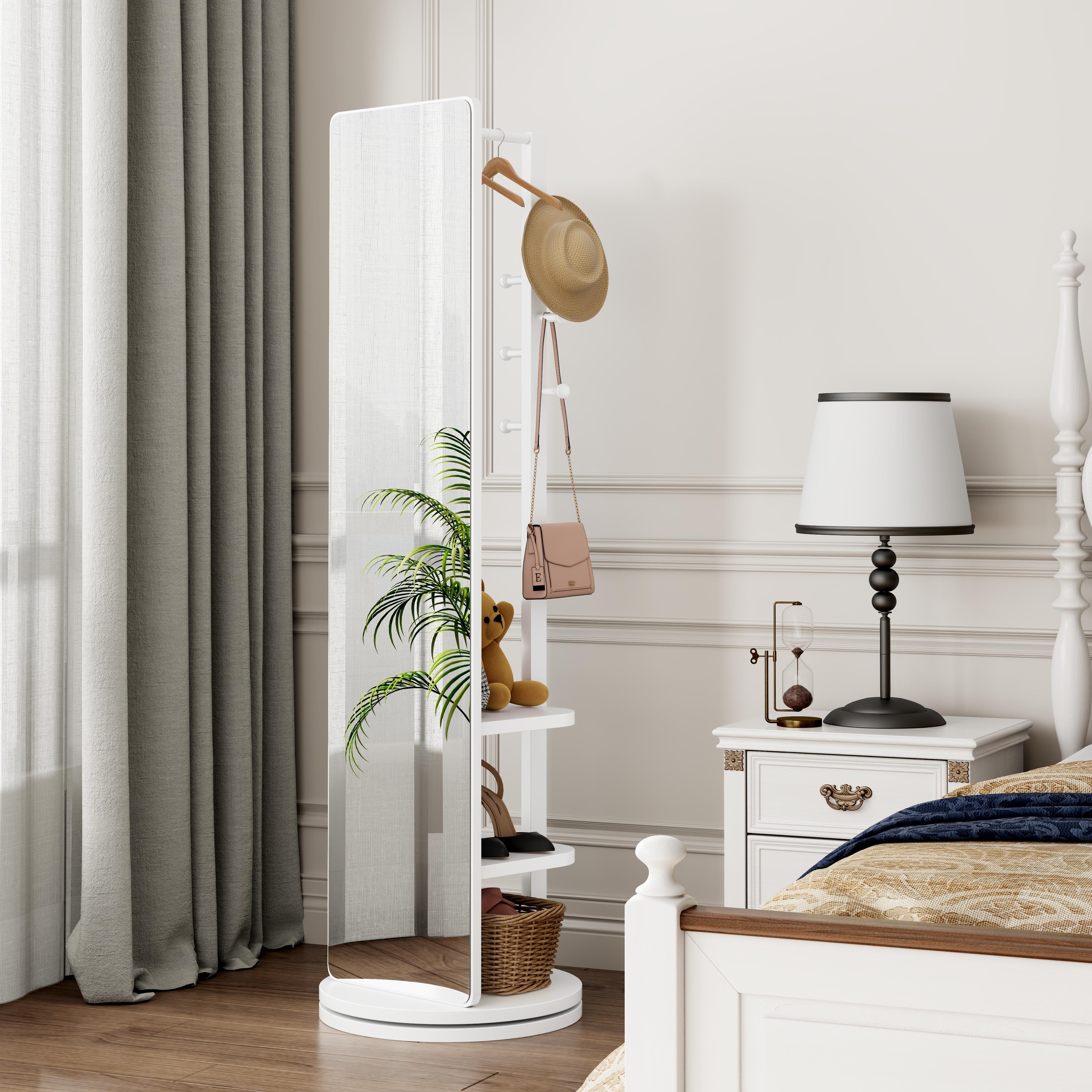 360° Rotating 69"x16" Multifunctional Full Length Mirror with Hook Storage Rack Coat Rack with Mirror Solid Wood Floor Mirror