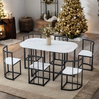 Modern 7-Piece Dining Table Set with Faux Marble Compact 55Inch Kitchen ...