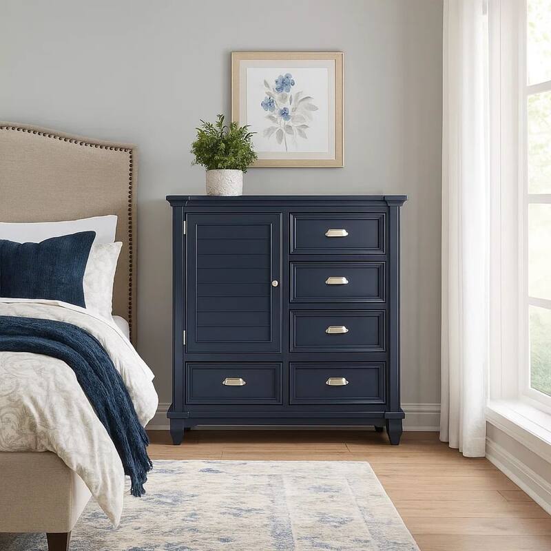 Zeny Bedroom Armoire, 48 Inch, 5 Drawers w 1 Cabinet, Slate Blue Solid Wood