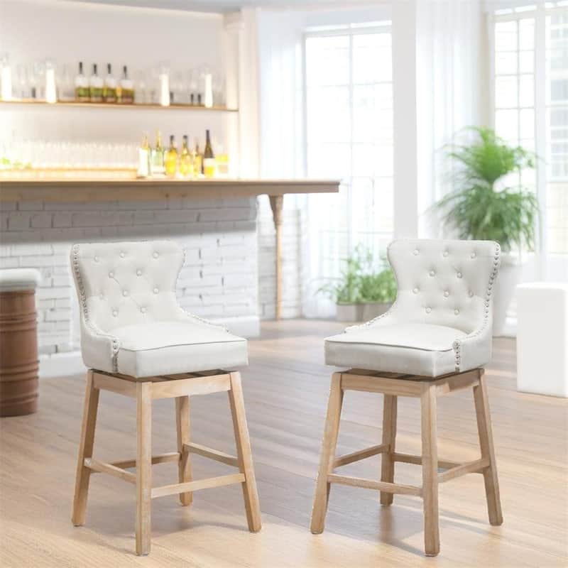 Swivel Upholstered Fabric Bar Stools with Rubber Wood Leg（Set of 2） - N/A - Cream White