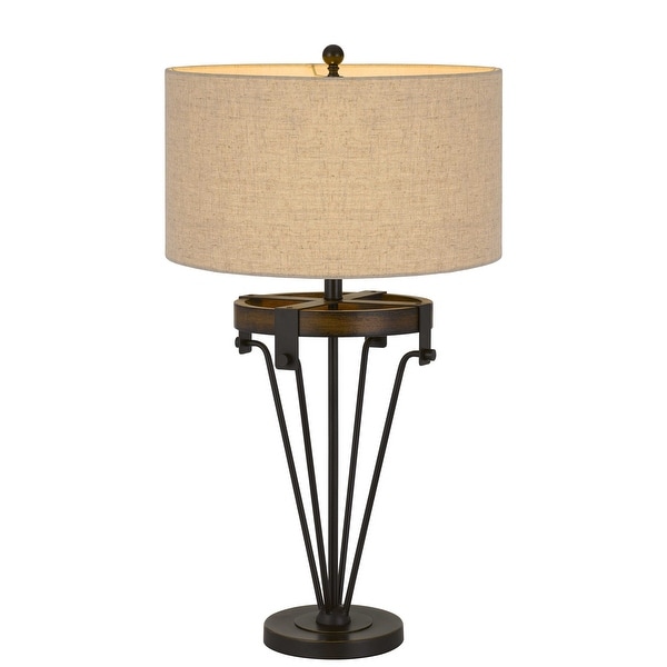 32" Metal Table Lamp with Drum Burlap Shade, Black and Beige. Opens flyout.