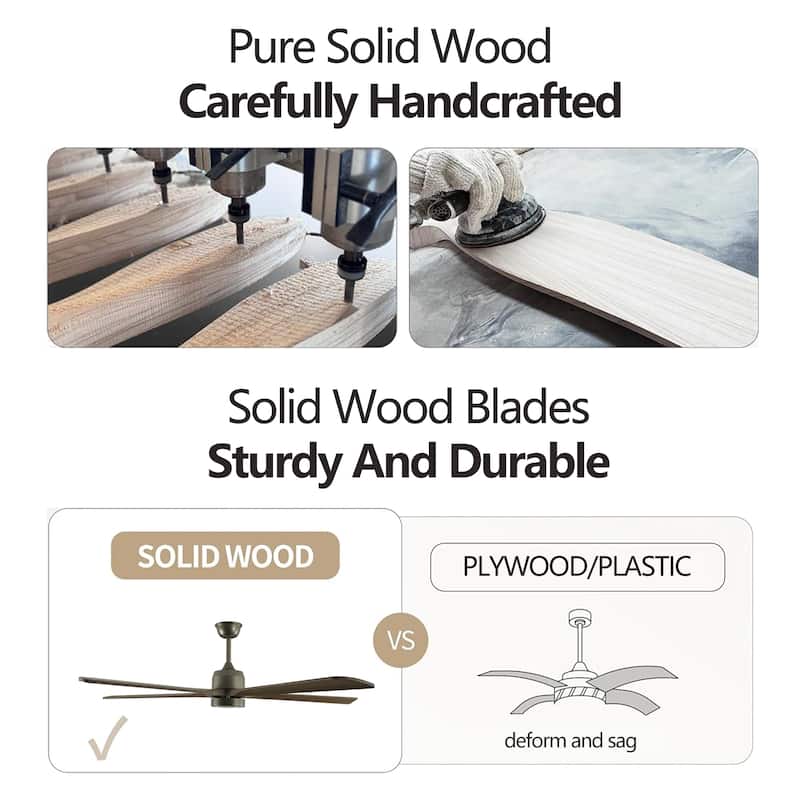 60" Wood Ceiling Fan with Light and Remote Control,6-Speed Noiseless Reversible DC Motor, Ceiling Fan