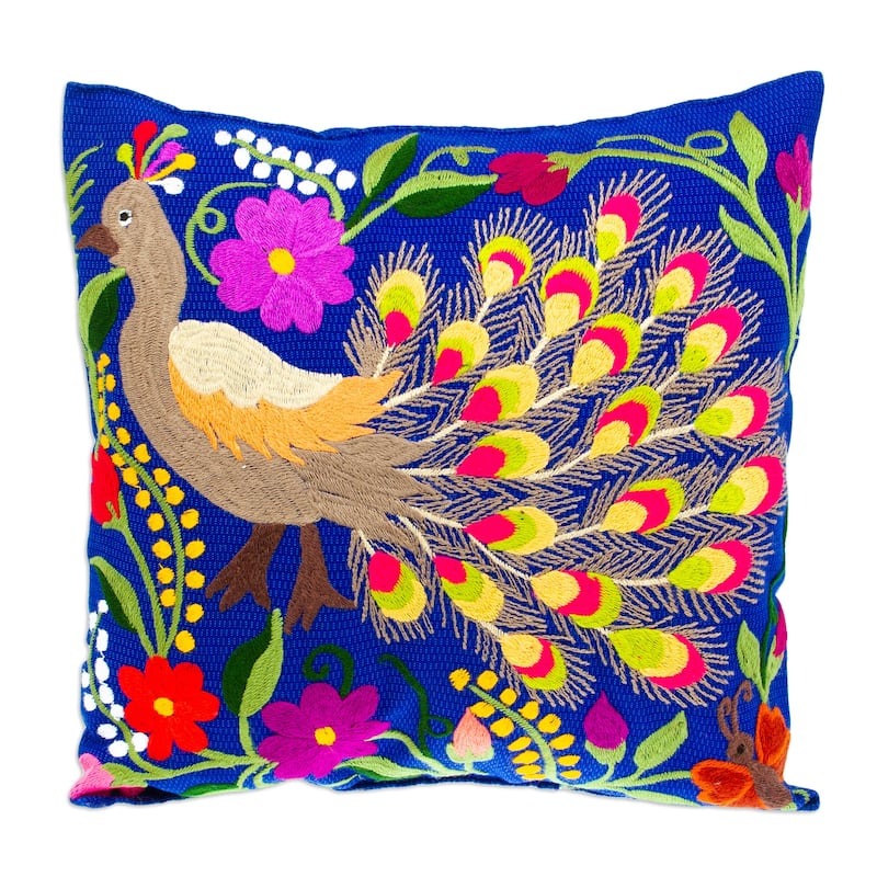 Novica Handmade Peacock Party Cotton Cushion Cover