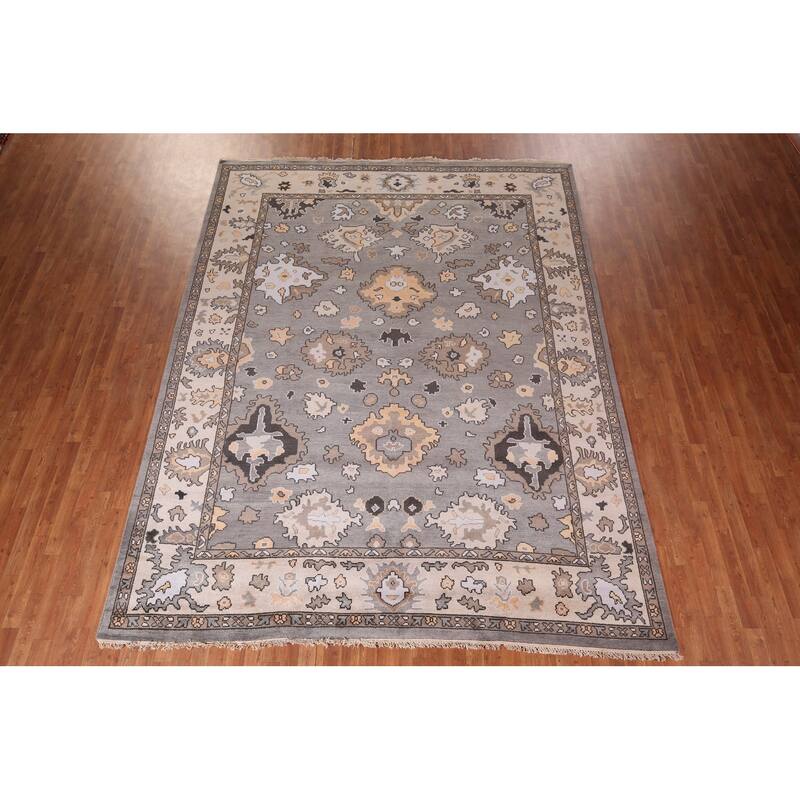 Gray Oushak Oriental Area Rug Handmade Floral Wool Carpet - 9'0" x 11'8"