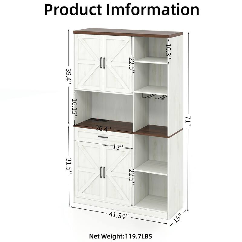 71" Farmhouse Pantry Cabinet - Hutch with Charging Station
