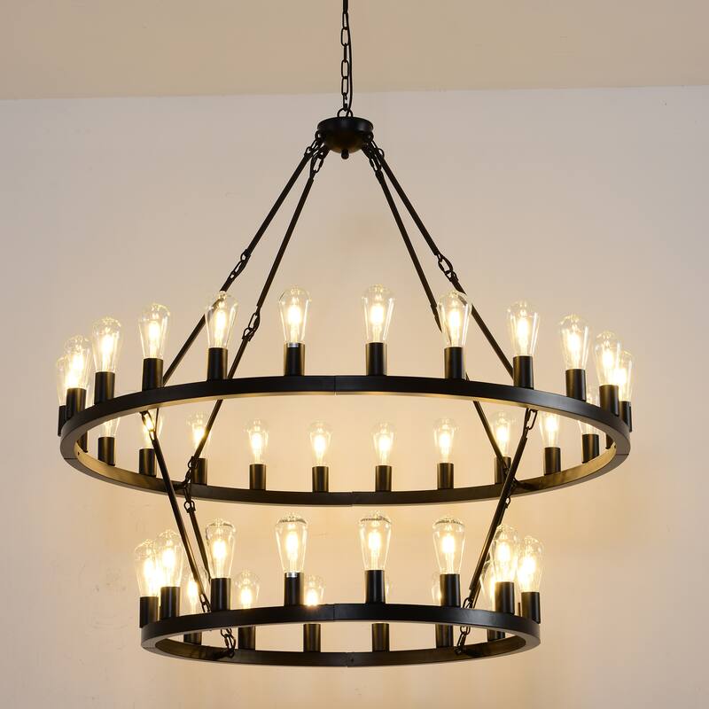 47.24 Inch Matte Black Wagon Wheel Chandelier With 36-Lights (24+12) (No Bulbs)