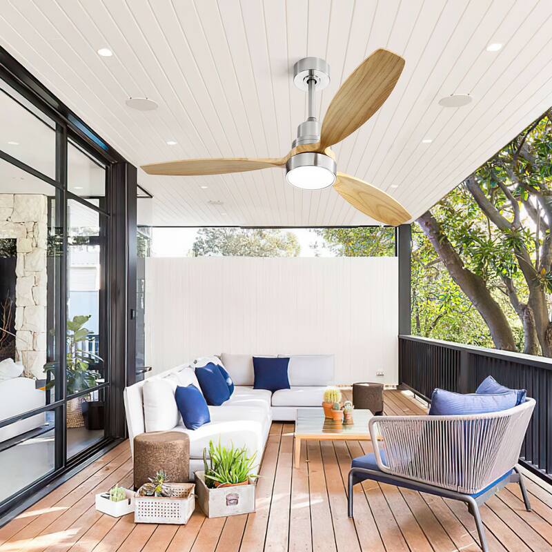 52 Inch Integrated LED Ceiling Fan with Light and Remote Control Solid Wood Blades for Living Room