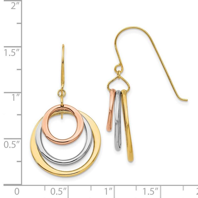 Curata 14k Tri Color Polished Gold Triple Circle Dangle Shepherd Hook Earrings - 37x20mm