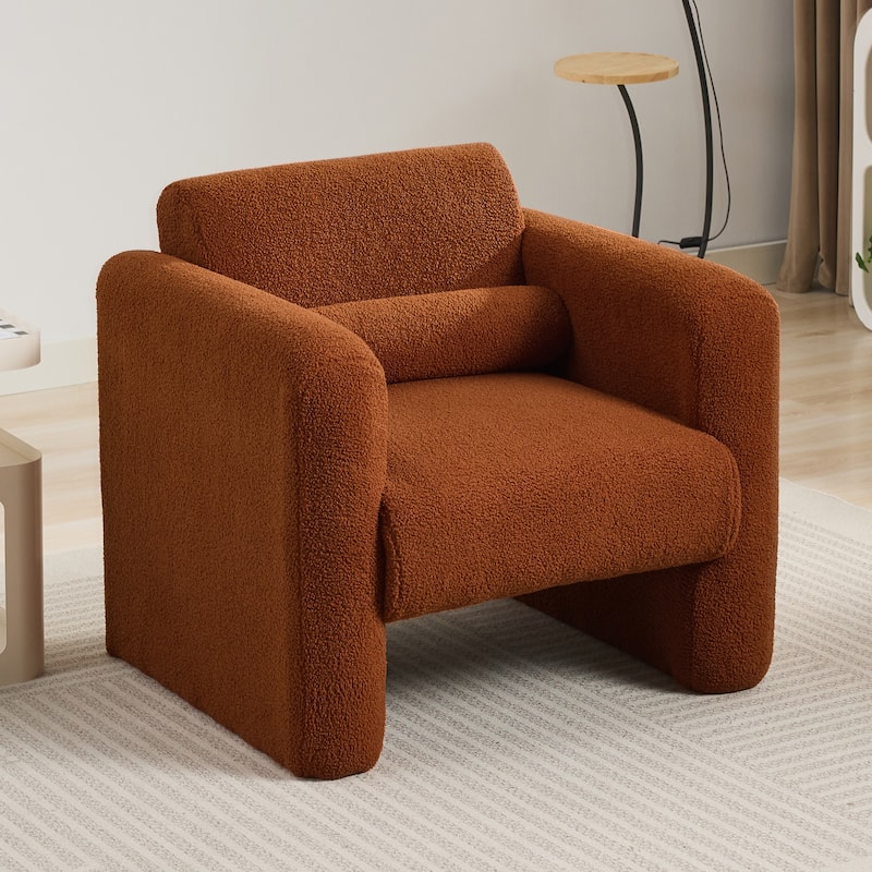 Modern Accent Chair Lambskin Sherpa Fabric Upholstered Comfy Reading Arm Chair Soft Padded with Back and Pillow for Living Room