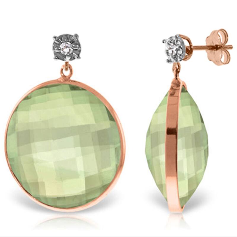 14K Solid Gold Diamonds Stud Earrings w/ Round Cut Green Amethysts - Rose