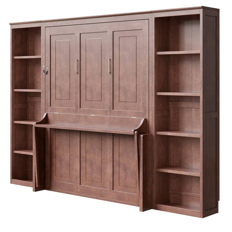 Dark Brown Murphy Bed with Bookshelf and Desk