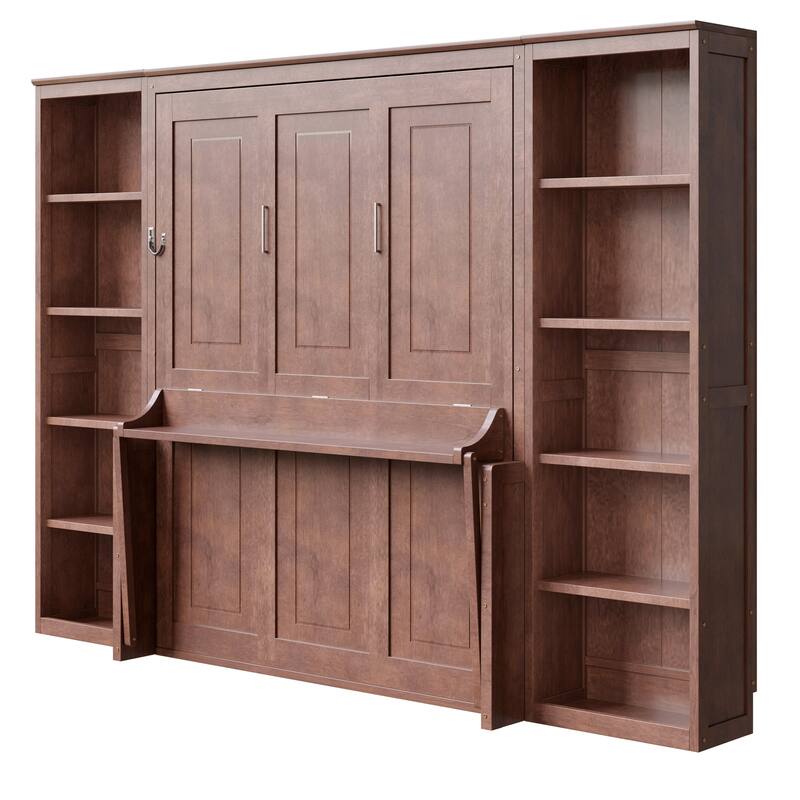 Roomfitters Full/Queen Size Murphy Bed with Desk and Bookshelf Storage, Space Saving, Dark Brown