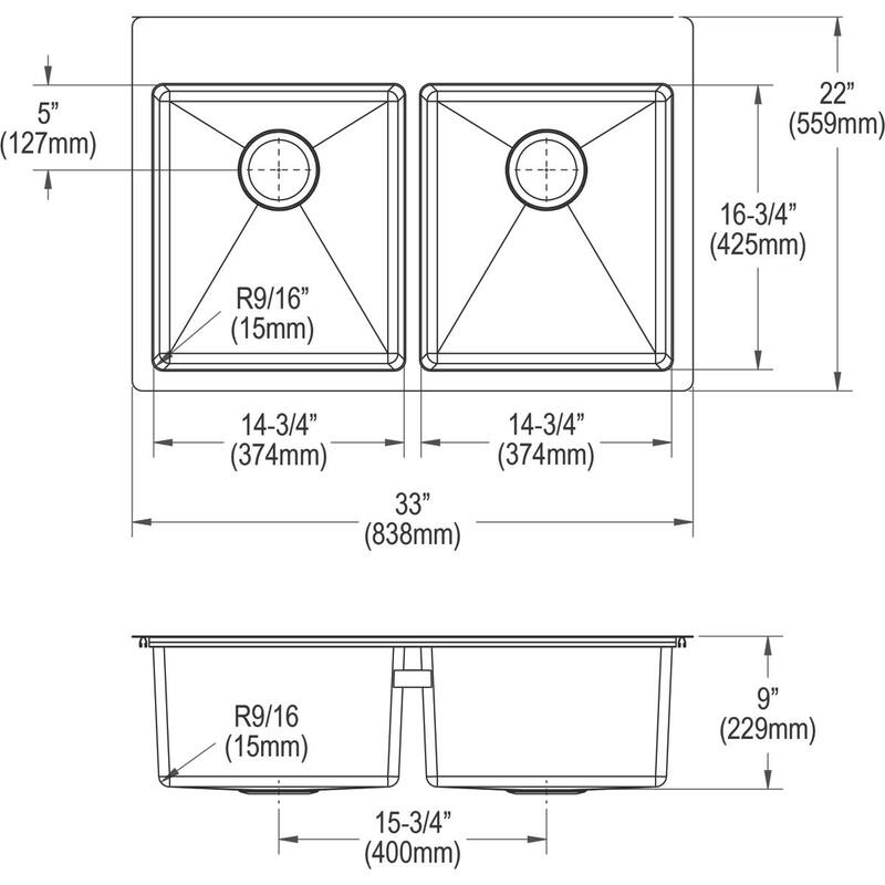Elkay Crosstown Stainless Steel 33" x 22" x 9", Equal Double Bowl Dual Mount Sink Kit