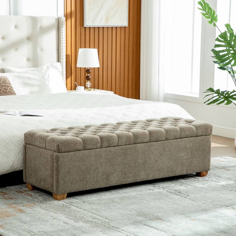60.2" Chenille Upholstered Storage Bench with Flip-Top & Soft-Close Hinges