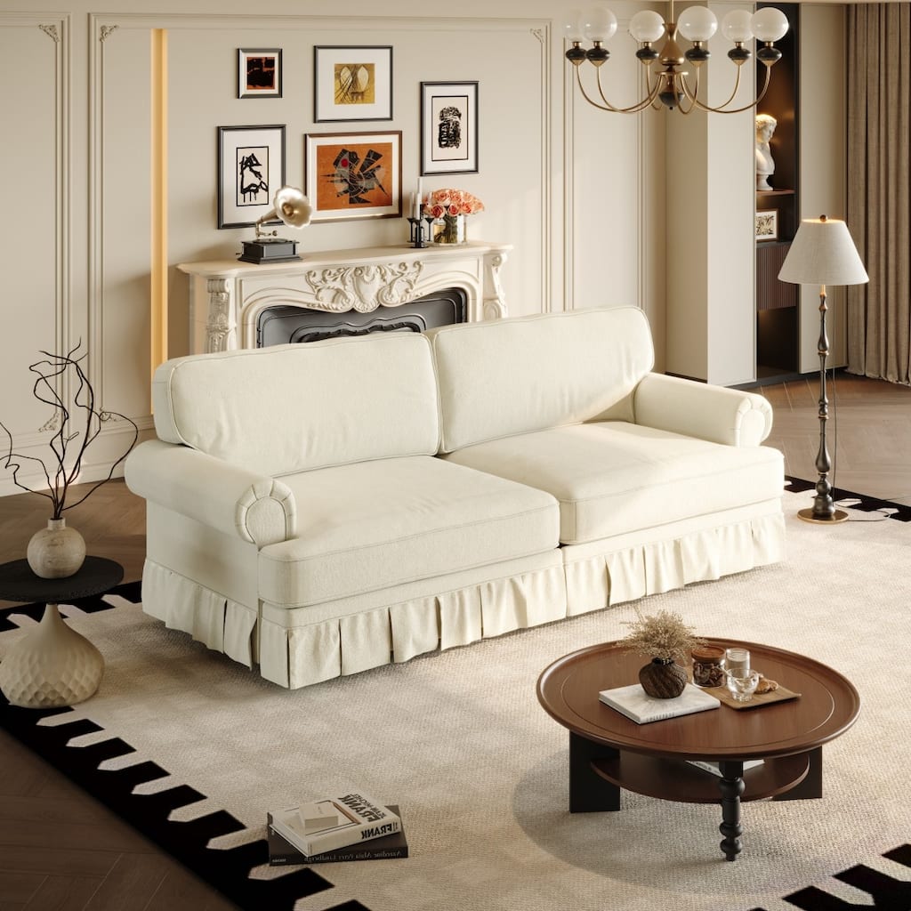 74" Luxuriously Comfy Chenille Sofa with Rolled Arms and Pleated Skirt Design