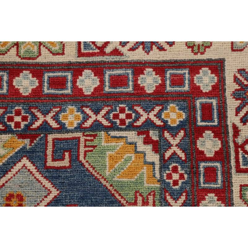 Hand Knotted Oriental 100% Wool Carpet Traditional Geometric Navy Blue & Blues Kazak Area Rug - 9' 8'' X 6' 6''