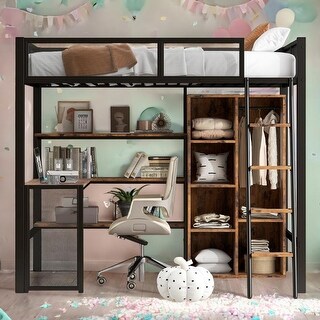 Full Size Sturdy Metal Loft Bed Frame with Built-in Desk,Wardrobeand Shelves