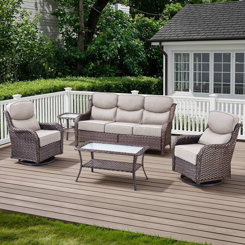 Meyreso 7-Piece Wicker Patio Conversation Set with Swivel Gliders and 6-Inch Thick Cushions