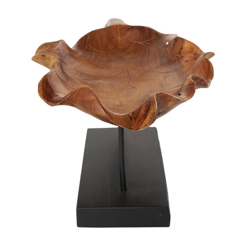 Teak Wood Leaf Floating Sculpture with Black Stand and Base - Brown - Roche River Decor - 11"W x 21"L x 10"H
