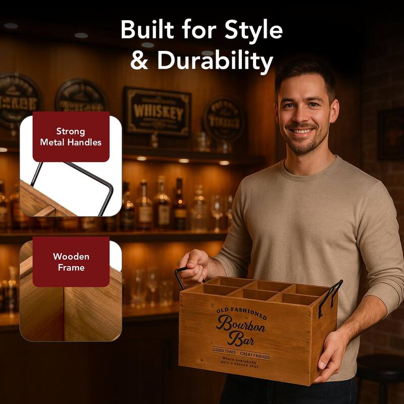 American Art Decor The Bourbon Bar Wood Crate Bottle Holder with Metal Handles - 7" H x 14" L x 8" D