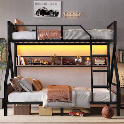 Twin over Full Bunk Bed, Metal Bunk Bed with Storage Shelves and Lights, Space-saving & Noise-free Design, Black