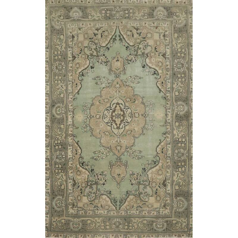 Hand Knotted Oriental 100% Wool Carpet Traditional Floral Green Tabriz Area Rug - 10' 0'' X 6' 6''