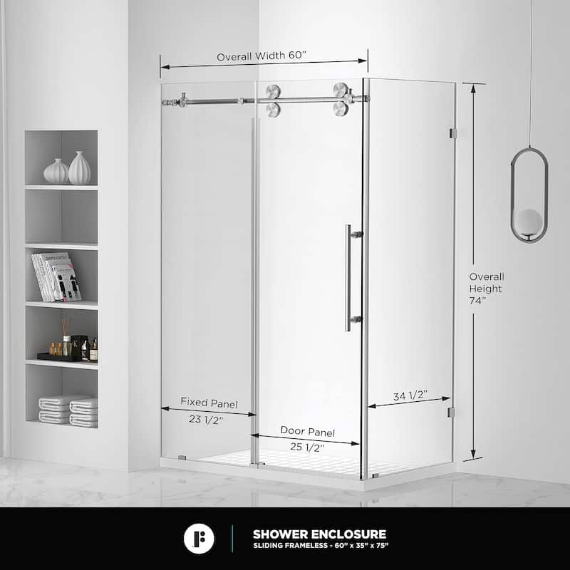 Fine Fixtures Frameless Shower Enclosure Sliding Shower Glass Door - Tempered Glass