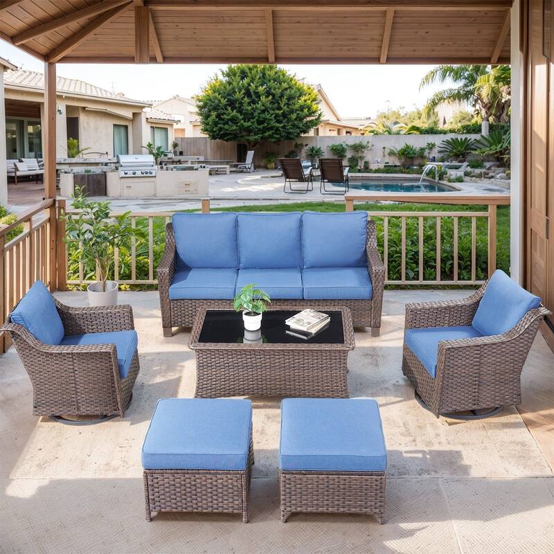 Outside Patio Sofa Chair Set with Cushions - Brwon Wicker Blue Cushion - 6PCS Sofa Swivel Chair with Ottoman Table
