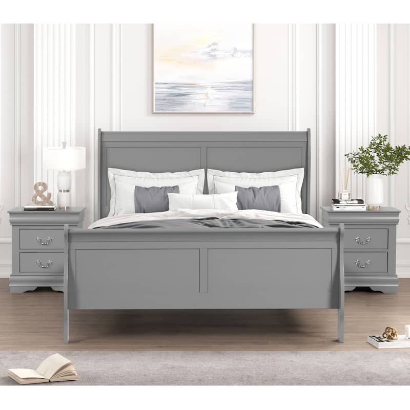 Furniture of America Mayday Traditional Solid Wood 3-Piece Bed and 2 Nightstand Bedroom Set - Grey - Queen