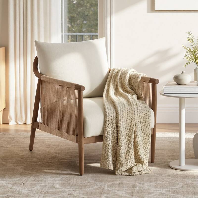 Spruce & Spring Boho Braided Accent Chair with Angled Arms and Plush Cushions - Single - Cream
