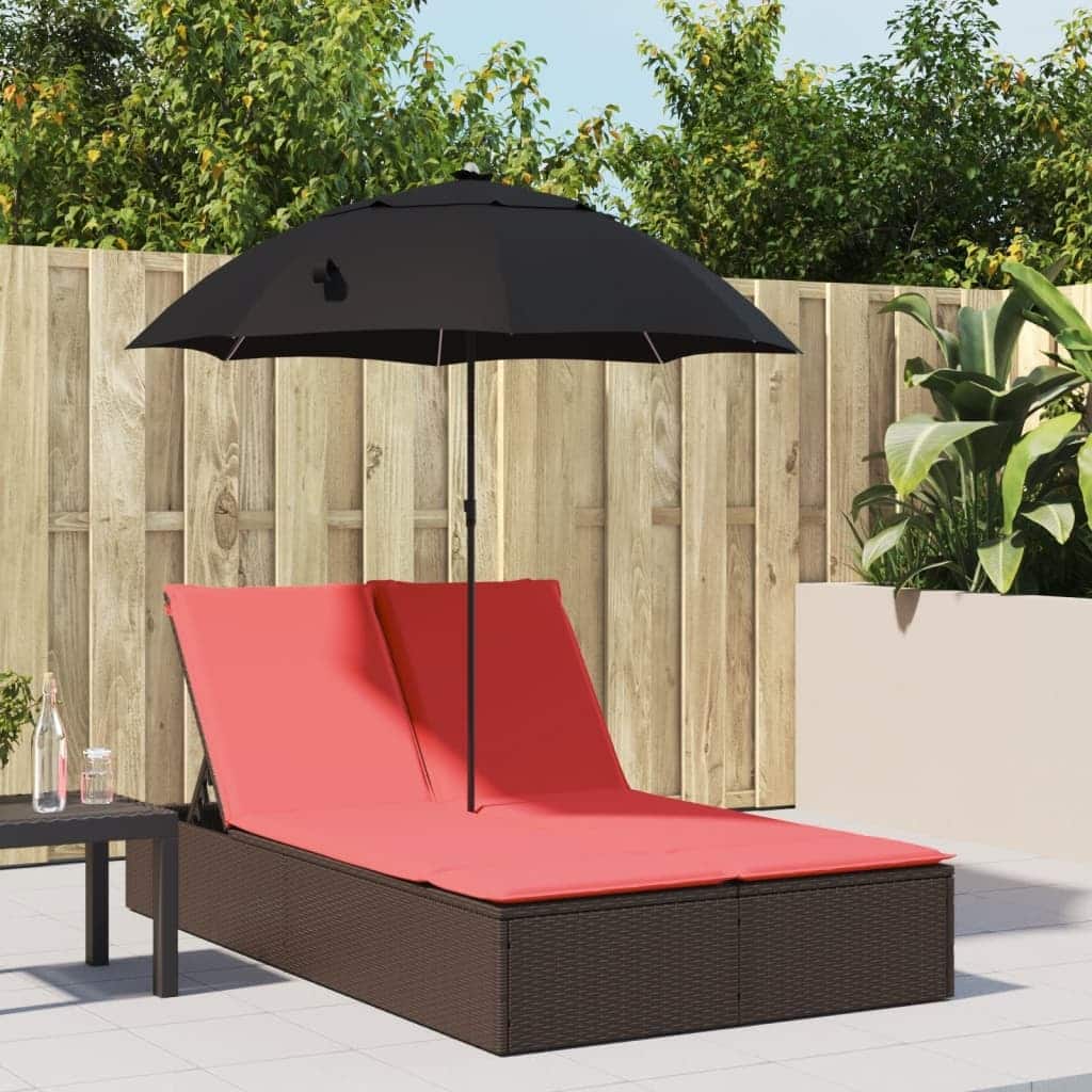 vidaXL Patio Double Sun Lounger&Cushions&Parasol Poly Rattan Brown/Gray/Black - 78.7" x 64.6" x 69.3"