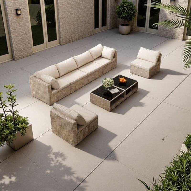 8-Piece Outdoor Sectional Sofa Set with Water-Resistant Cushions, Modular PE Wicker Patio Furniture with Glass Coffee Table - Light Khaki+Beige