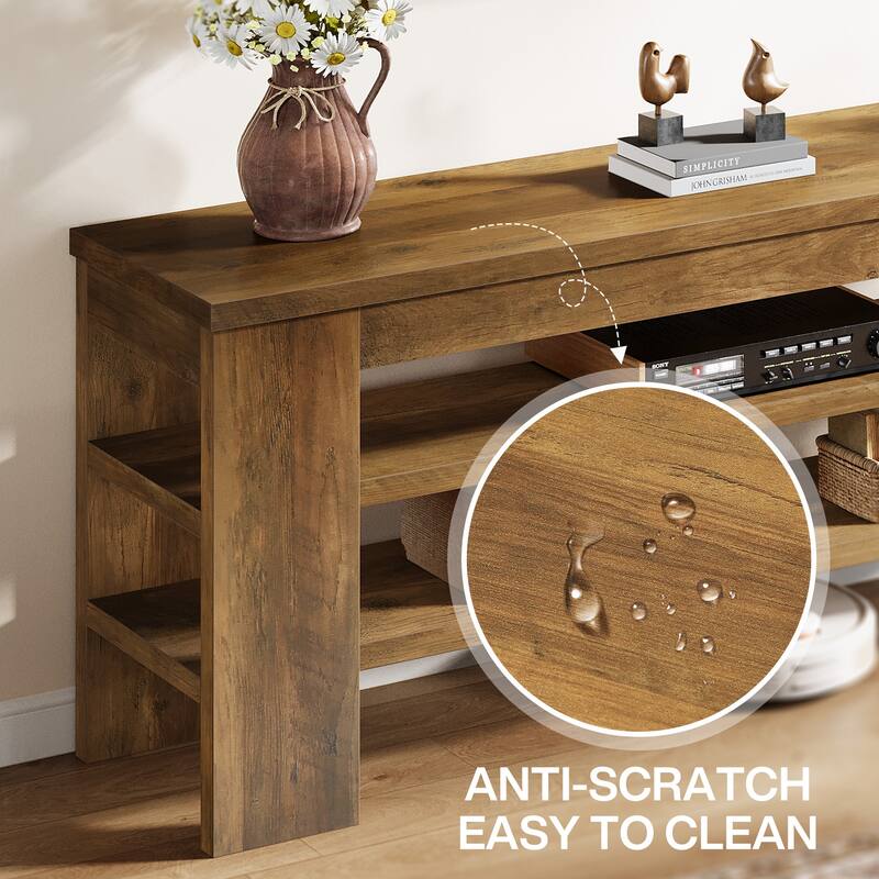 47'' Rustic Brown Wood 3-Tier TV Stand with Open Storage, Shoe Bench, Entryway Bench