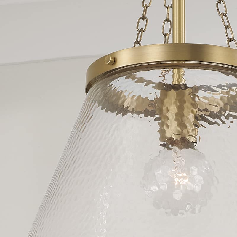 14.5" W x 20.25" H 1-Light Cone Pendant in Aged Brass with Organic Hammered Glass - 14.5"W x 20.75"H