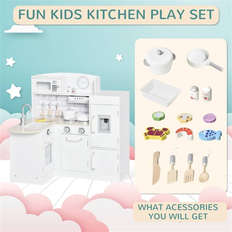 Kids Wooden Corner Kitchen Playset with Sink Stove Refrigerator and Accessories White Silver Pretend Cooking
