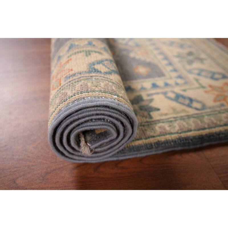 Geometric Kazak Accent Rug Hand-Knotted Grey Wool Carpet - 2'7" x 4'2"