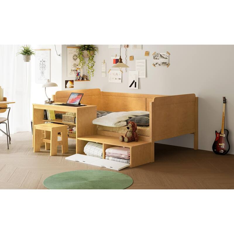 Multi-functional Wooden Twin Size Daybed with Storage, Study Desk, and Matching Stool