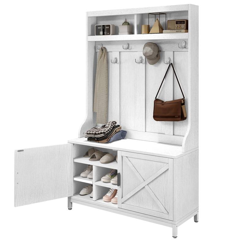 Moasis Entryway Coat Rack Shoe Bench Set, Farmhouse 7 Hooks Hall Tree Coat Shoe Rack - White