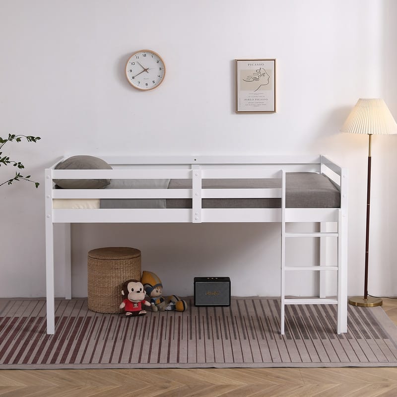 White Twin Solid wood Loft Bed with Ladder