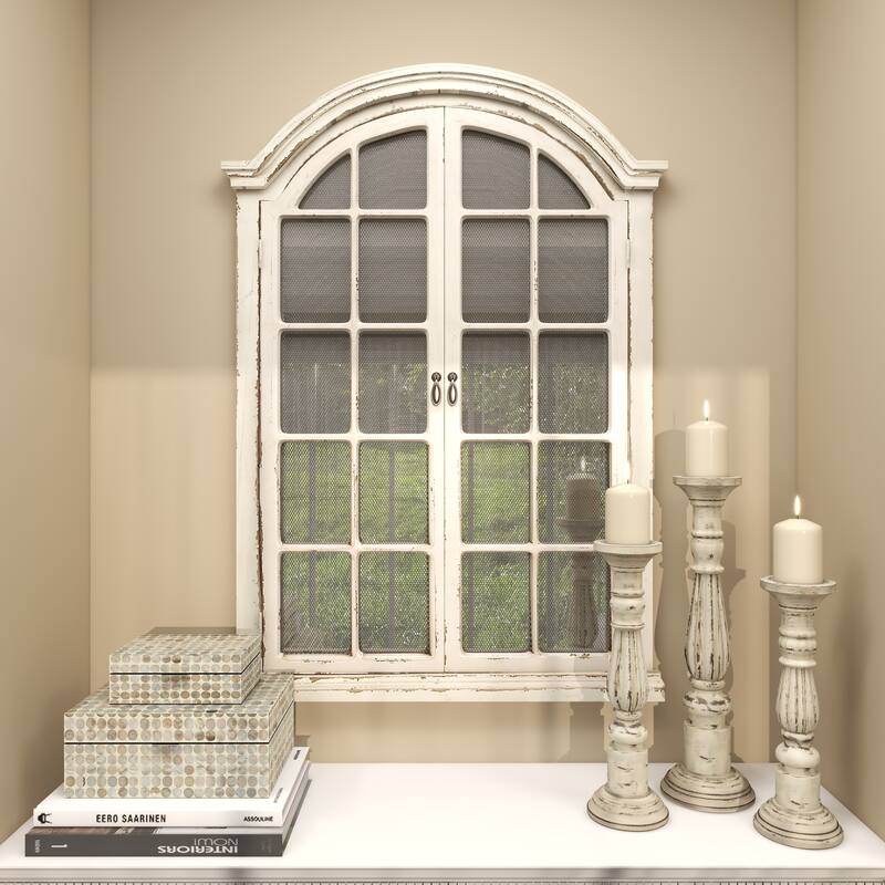Wood Window Pane Inspired Wall Mirror with Arched Top and Distressing - Cream - Roche River Decor - 2"Wx31"Lx45"H