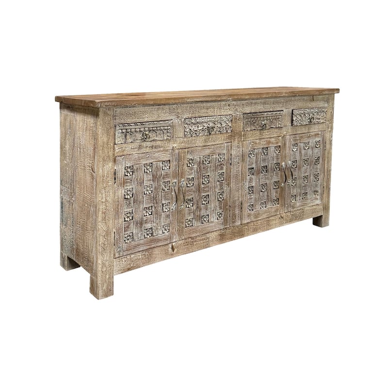HomeRoots 74" Brown Distressed Solid Wood Carved Floral Four Drawer Sideboard with Four Doors